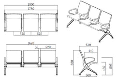 3 Seater Heavy Metal Public Place Reception Room Waiting Chairs with Armrests