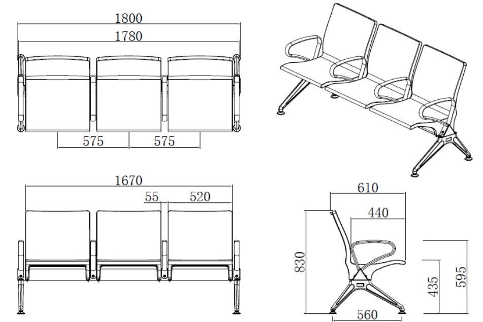 3 Seater Heavy Metal Public Place Reception Room Waiting Chairs with Armrests